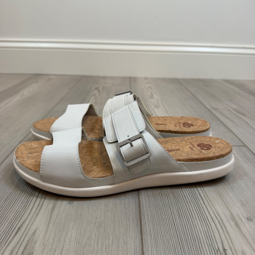 Clarks Cloudsteppers Step June Tide White Slide Sandals Womens 11 W Wide